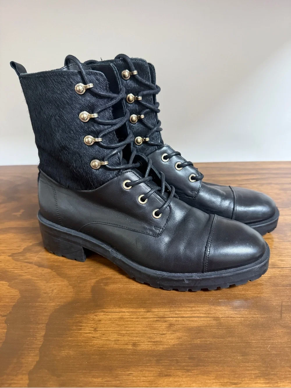 Massimo Dutti Black Leather & Pony Hair Lace-Up Ankle Boots